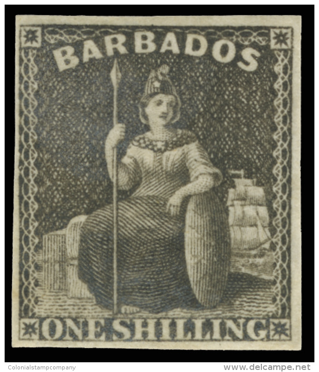 *        9 (12a) 1858 1' Black Britannia^, Unwmkd, Imperf, Four Margins, Scarce Mint, OG, VLH, F-VF Scott Retail... - Barbados (...-1966)