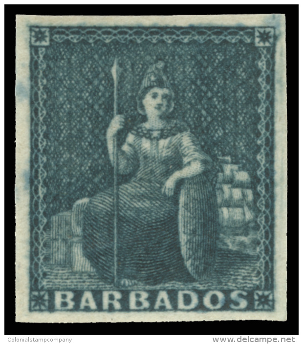 *        3c (5b) 1852-55 (no Value) Deep Slate Britannia^ On Paper Blued, Prepared For Use But Not Issued, Unwmkd,... - Barbados (...-1966)