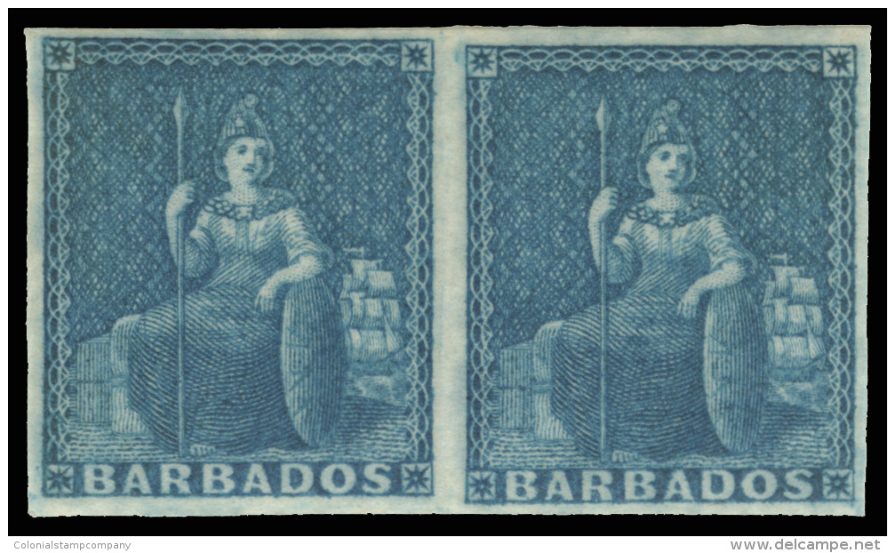 *        2a (3) 1852 1d Blue Britannia On Blued Paper^, Unwmkd, Imperf, Full Margined Horizontal Pair, Choice, OG,... - Barbados (...-1966)