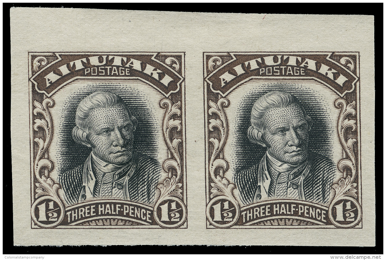 P        30 Var (26 Var) 1920 1&frac12;d Black And Sepia Capt. Cook^ Landing, Unwmkd, Imperf Pair, Large Margins,... - Aitutaki