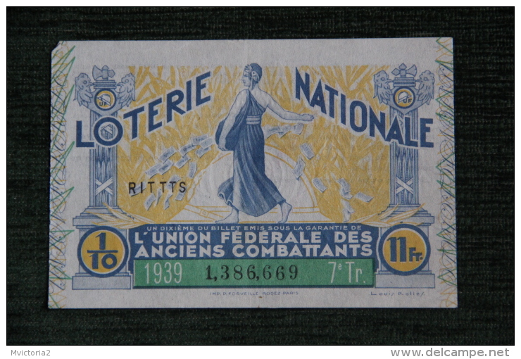 BILLET DE LOTERIE NATIONALE - 1939 - - Billets De Loterie