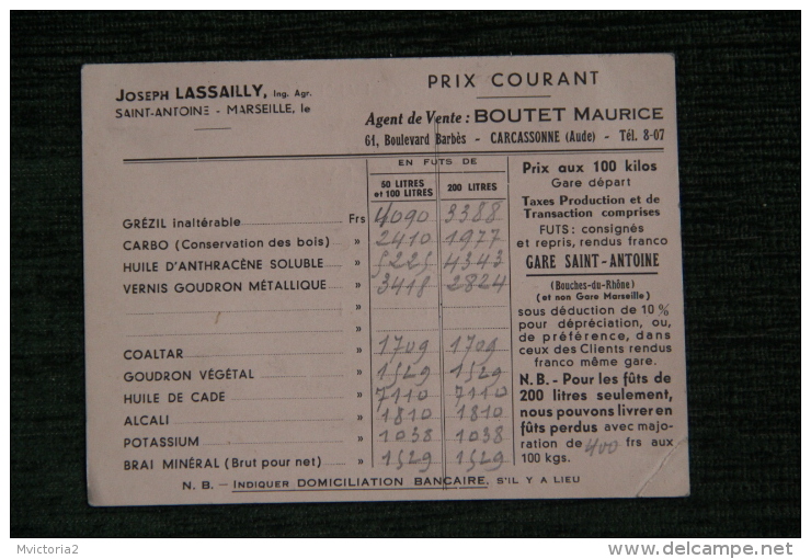 Carte Publicitaire De La Grande Goudronnerie De MARSEILLE ST ANTOINE ,Joseph LASSAILLY. - Publicités