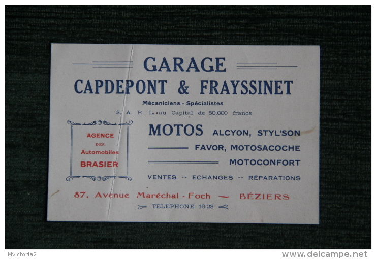 BEZIERS - Carte De Visite Du Garage GADEPONT Et FRAYSSINET, Mécaniciens Spécialistes MOTOS, 87 Avenue FOCH - Visiting Cards