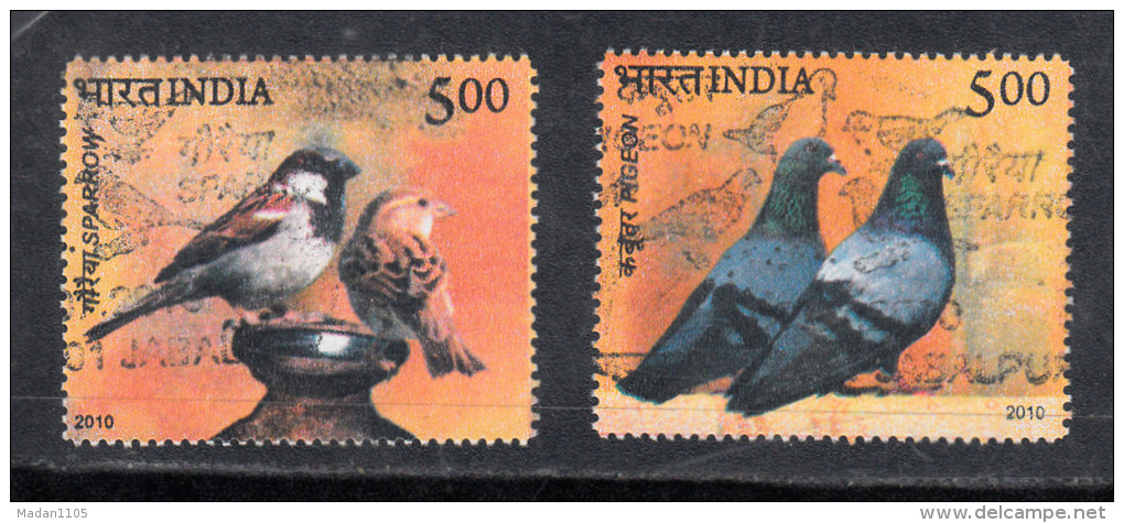 INDIA, 2010, FINE USED, Birds Of India, First Day Cancelled, Set 2 V, Pigeon, Sparrow, - Used Stamps