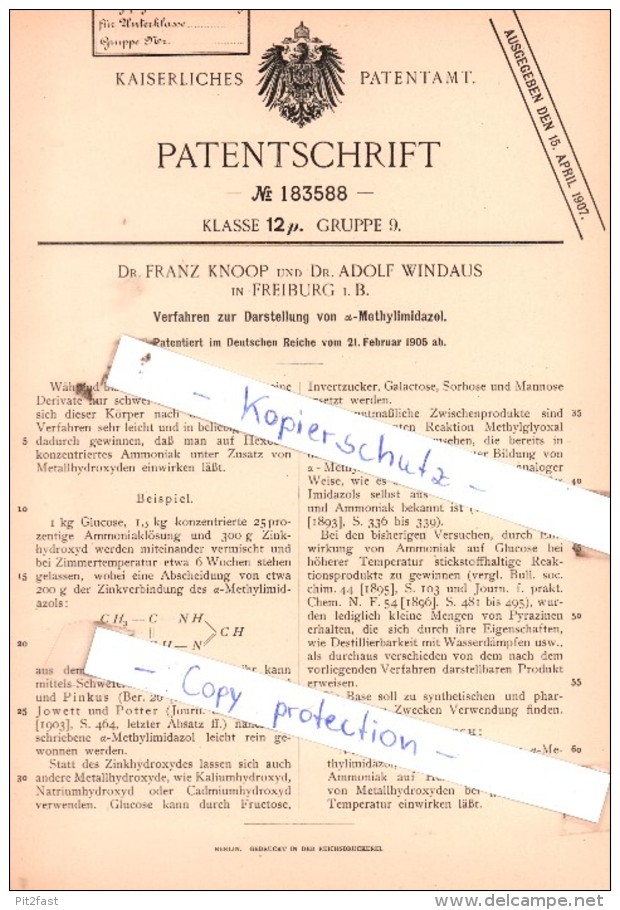 Original Patent  - Dr. Franz Knoop Und Dr. Adolf Windaus In Freiburg I. B. , 1905 ,  !!! - Historische Dokumente