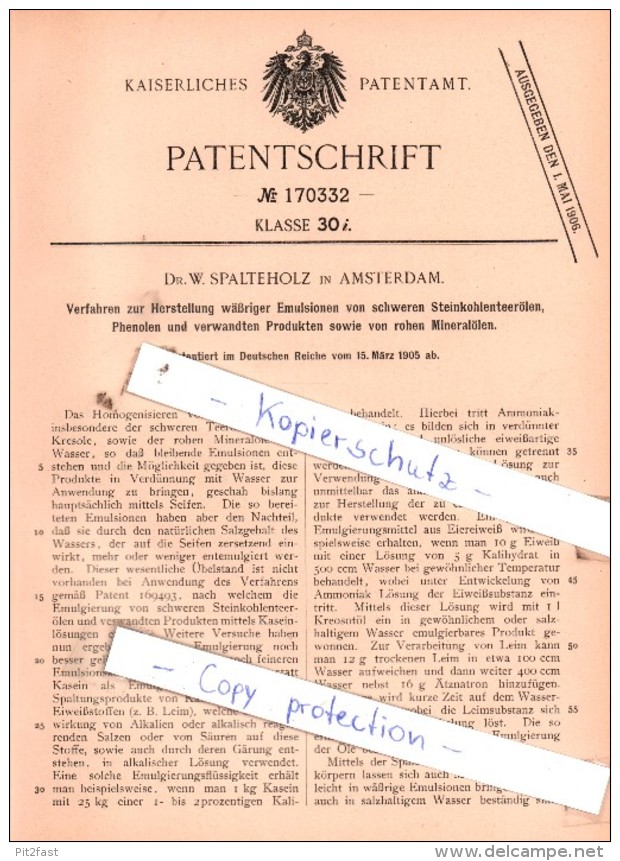 Original Patent  -  Dr. W. Spaltenholz In Amsterdam , 1905 , Herstellung Wäßriger Emulsionen !!! - Historische Dokumente