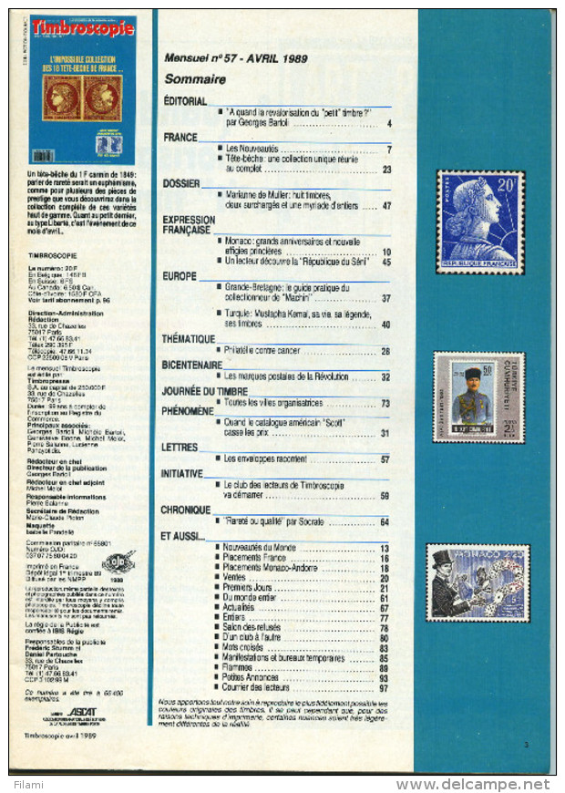 Timbroscopie N.57,4/1989,tête-bêche,cancer,marques Révolution,Grande-Bretagne Machin,Turquie,ottoman,Marianne Muller - Französisch (ab 1941)