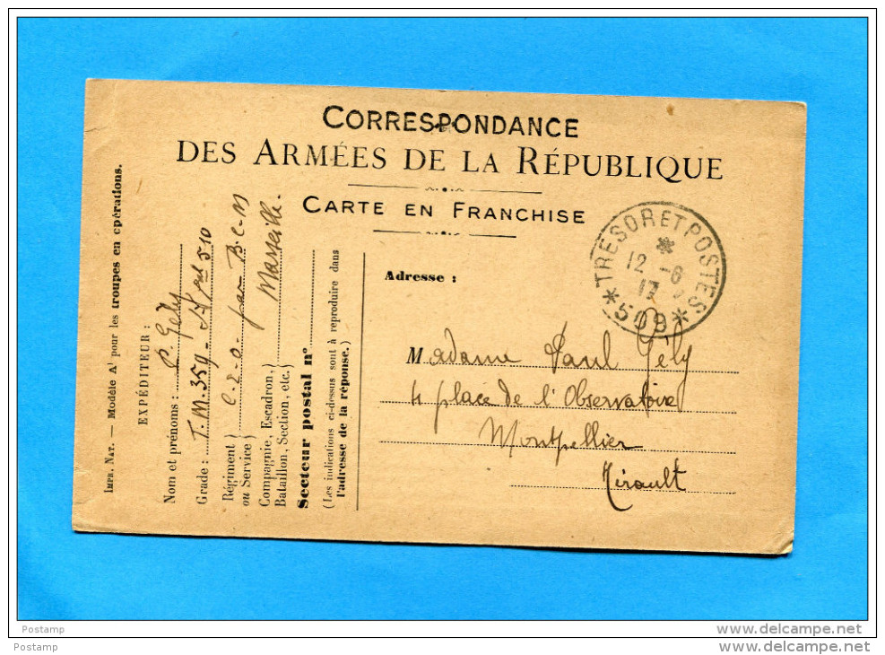 Guerre 14-18-Armée D´orient-carte FM Cad Juin 1917-SP 509-Salonique-par BCM Marseille - Guerre De 1914-18