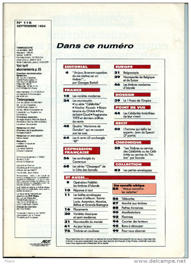 Timbroscopie N.116,9/1994,1F Empire,Marianne Gandon F,faux Sperati,Cameroun France Libre,Palestine,USA RF,Somalie, - Francesi (dal 1941))