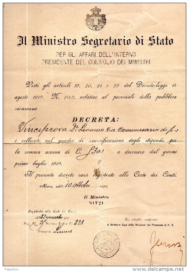 1919 ROMA DECRETO PER CARICA DI VICECOMMISSARIO DI PS - Décrets & Lois