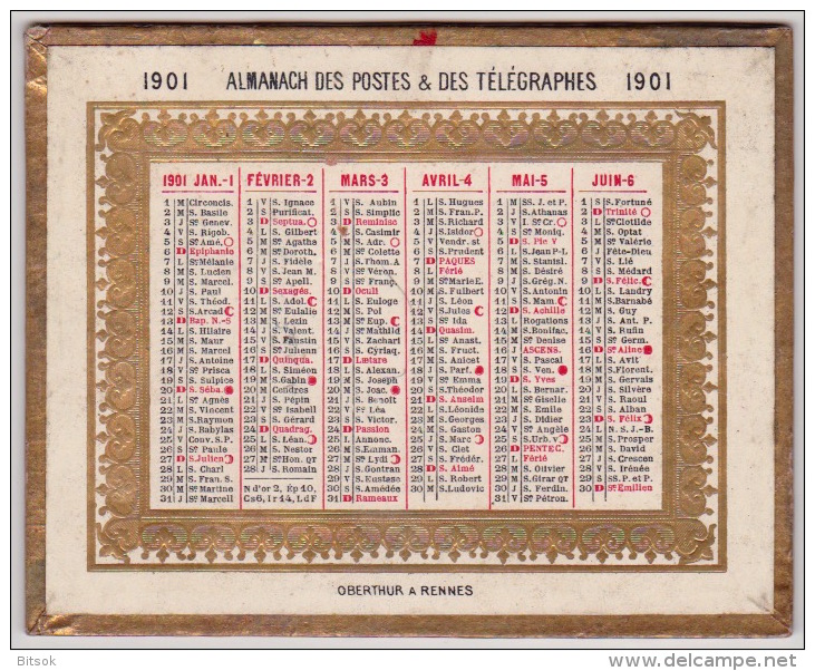 Calendrier Almanach Des Postes & Des Télégraphes  1901 - Petit Format : 1901-20