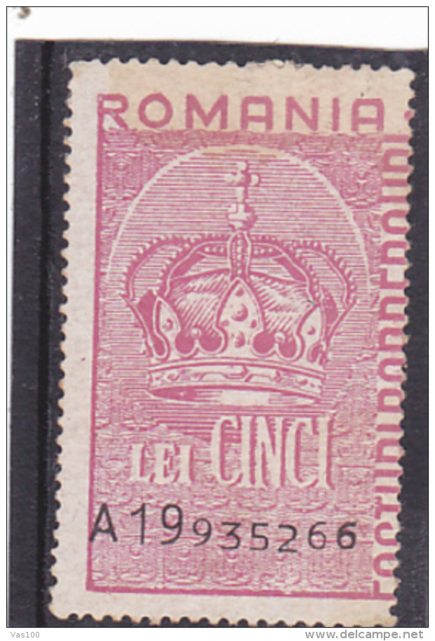 REVENUE STAMP,KINGS CROWN,LACED,5 LEI,ROMANIA. - Fiscales