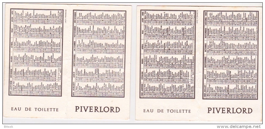 Lot De 2 Calendrier 1969 Et 1971 : Eau De Toilette "PIVERLORD" - Tamaño Pequeño : 1961-70