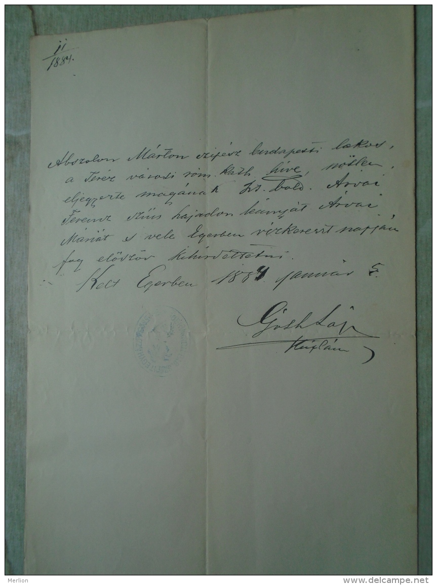 D137988.5  Old Document  Hungary  -Marton Abszolon - Mária Árvai   -EGER  1884 - Verlobung