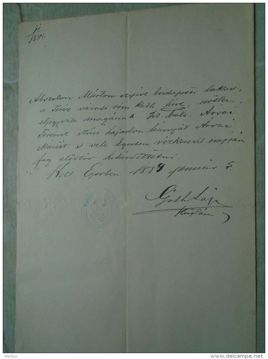 D137988.5  Old Document  Hungary  -Marton Abszolon - Mária Árvai   -EGER  1884 - Fiançailles