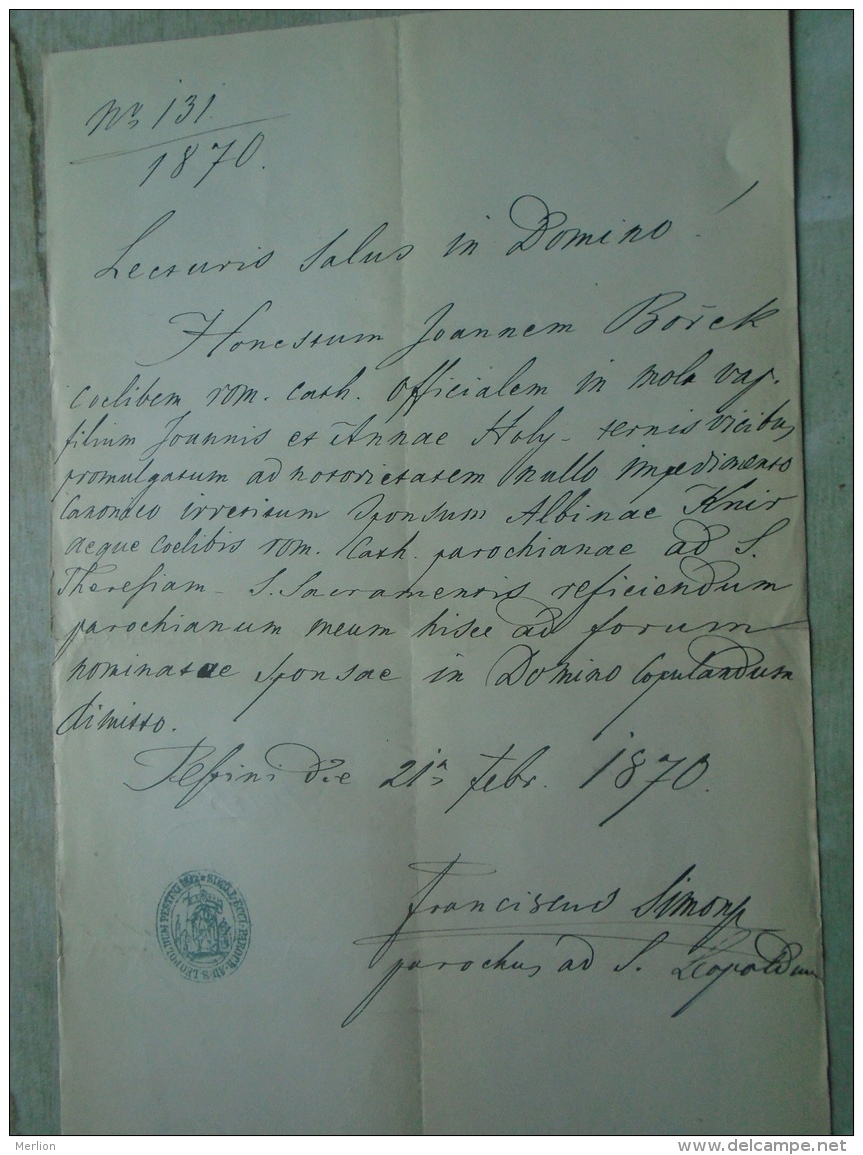 D137988.9  Old Document  Hungary  Joannes BOREK - Anna HOLY - Albina KNIR - Pest 1870 - Fidanzamento