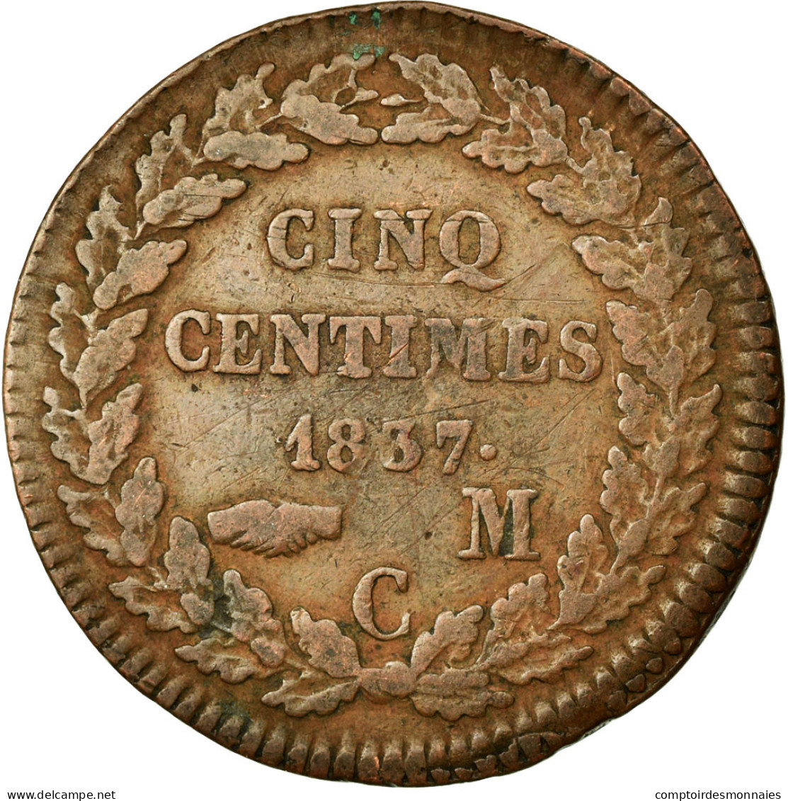 Monnaie, Monaco, Honore V, 5 Centimes, Cinq, 1837, Monaco, TB, Cuivre, KM:95.2a - 1819-1922 Honoré V, Charles III, Albert I