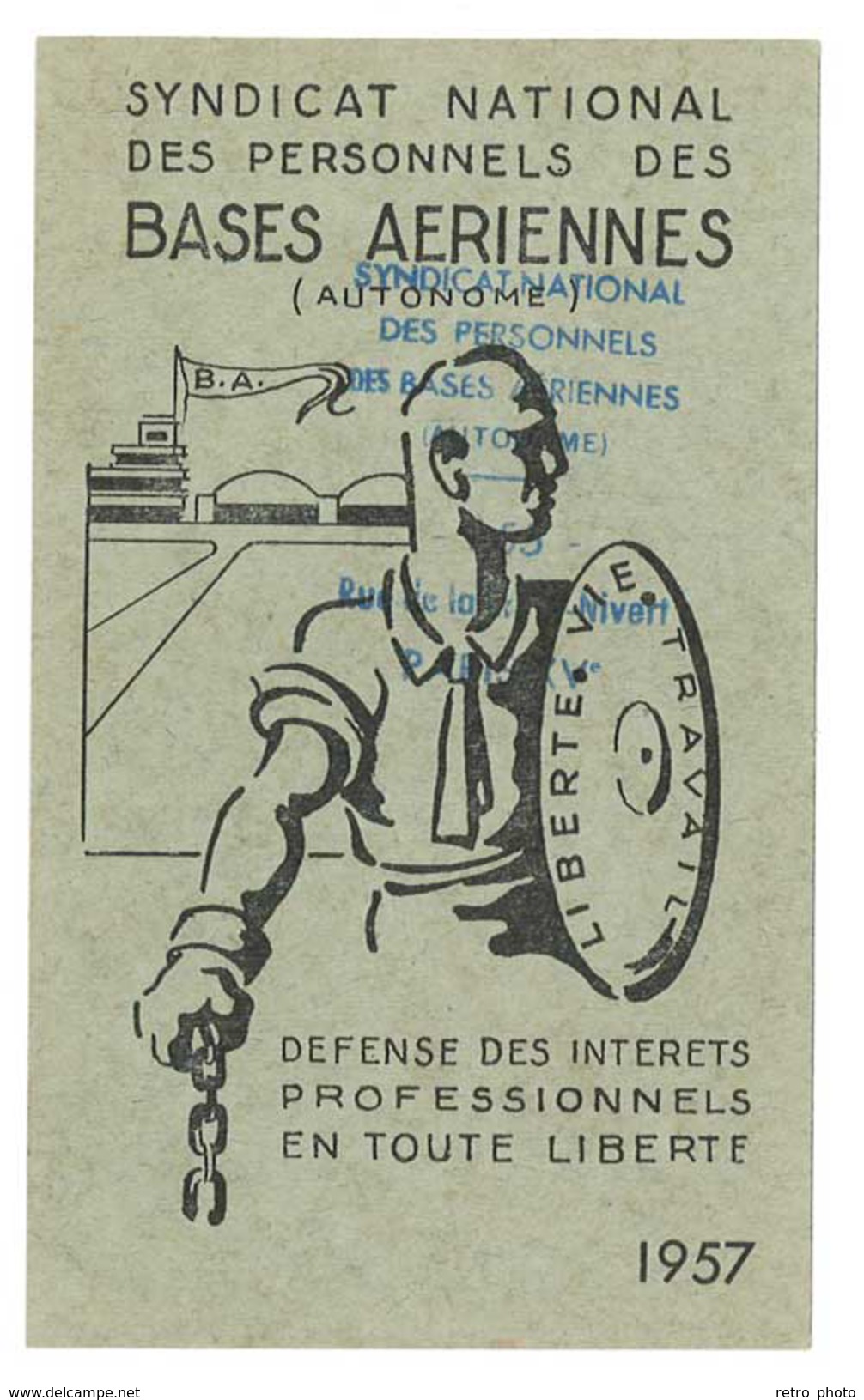 Carte Syndicat National Des Personnels Des Bases Aériennes, 1957 - Autres & Non Classés