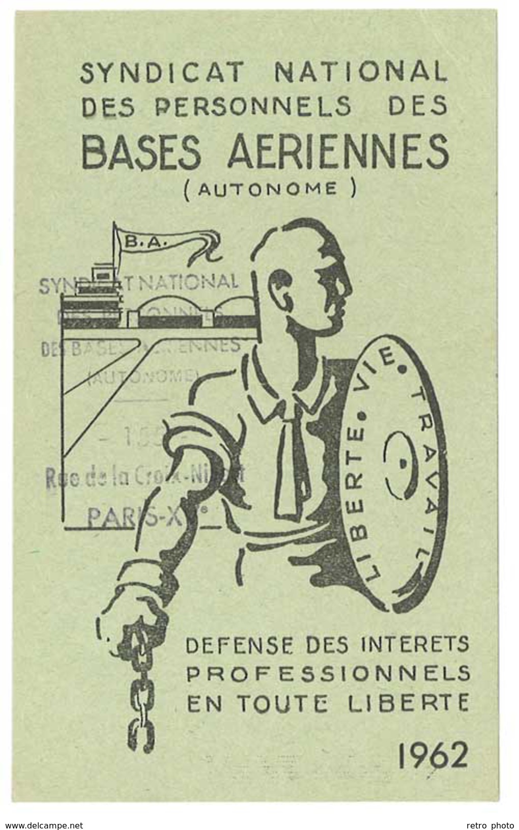 Carte Syndicat National Des Personnels Des Bases Aériennes, 1962 - Autres & Non Classés