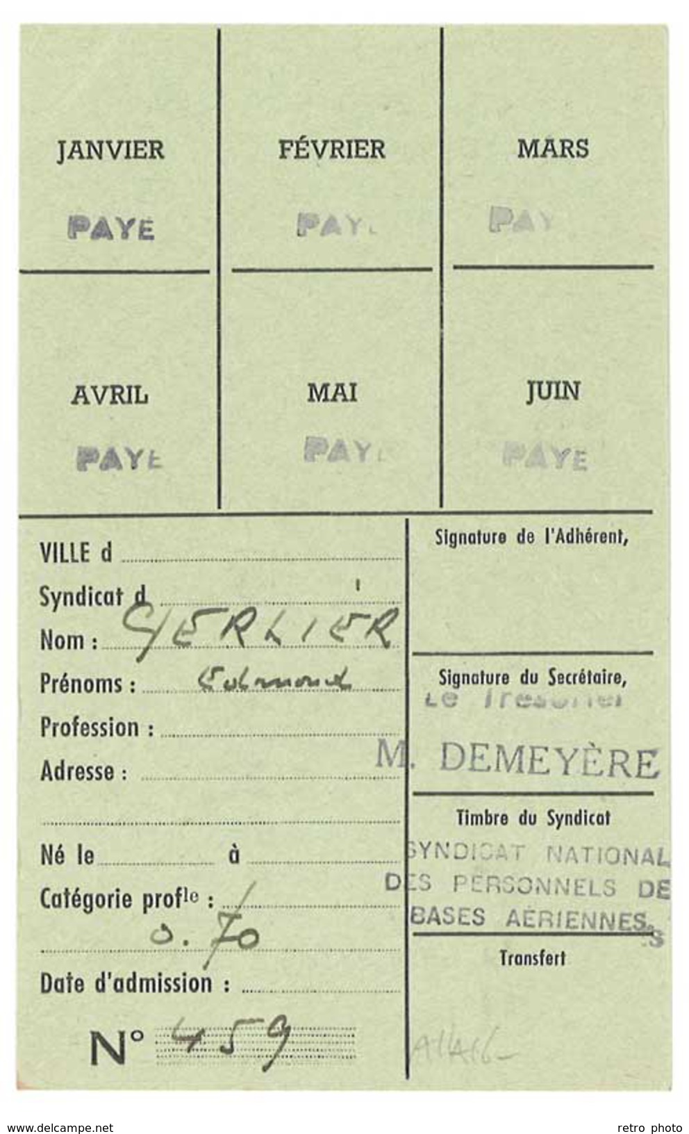 Carte Syndicat National Des Personnels Des Bases Aériennes, 1962 - Autres & Non Classés