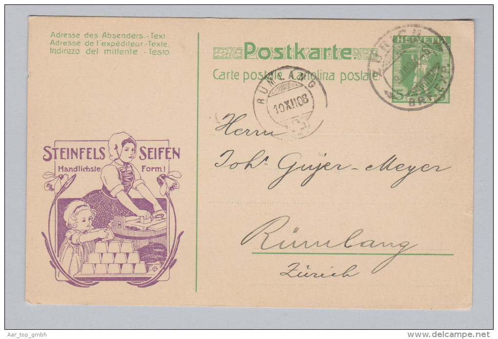 Schweiz Ganzsache Mit Privatzudruck 1908-12-10 Zürich Werbezudruck Steinfels Seifen - Entiers Postaux