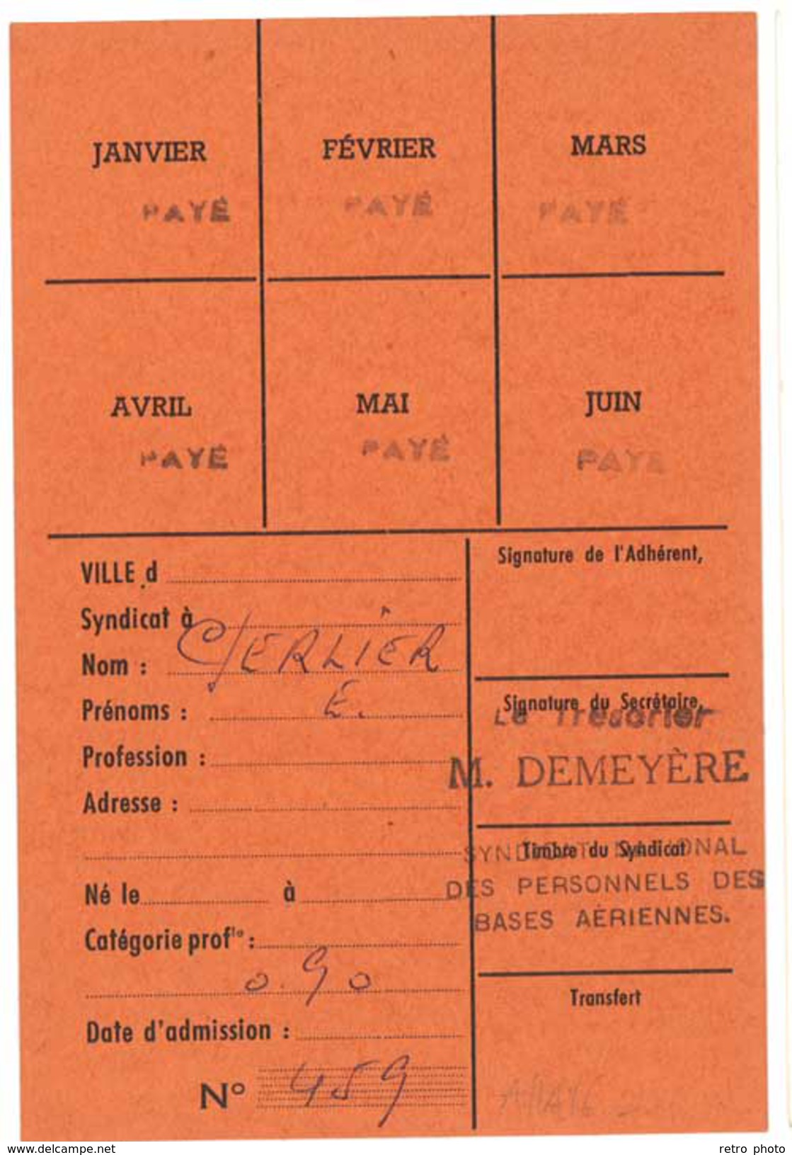 Carte Syndicat National Des Personnels Des Bases Aériennes, 1970 - Autres & Non Classés