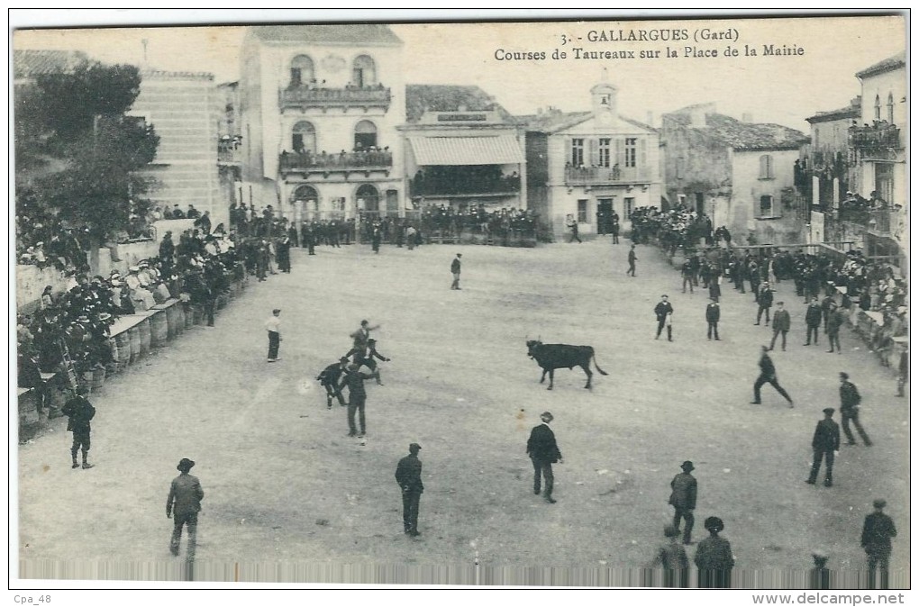 Gard : Gallargues, Course De Taureaux Sur La Place De La Mairie, Belle Animation - Gallargues-le-Montueux