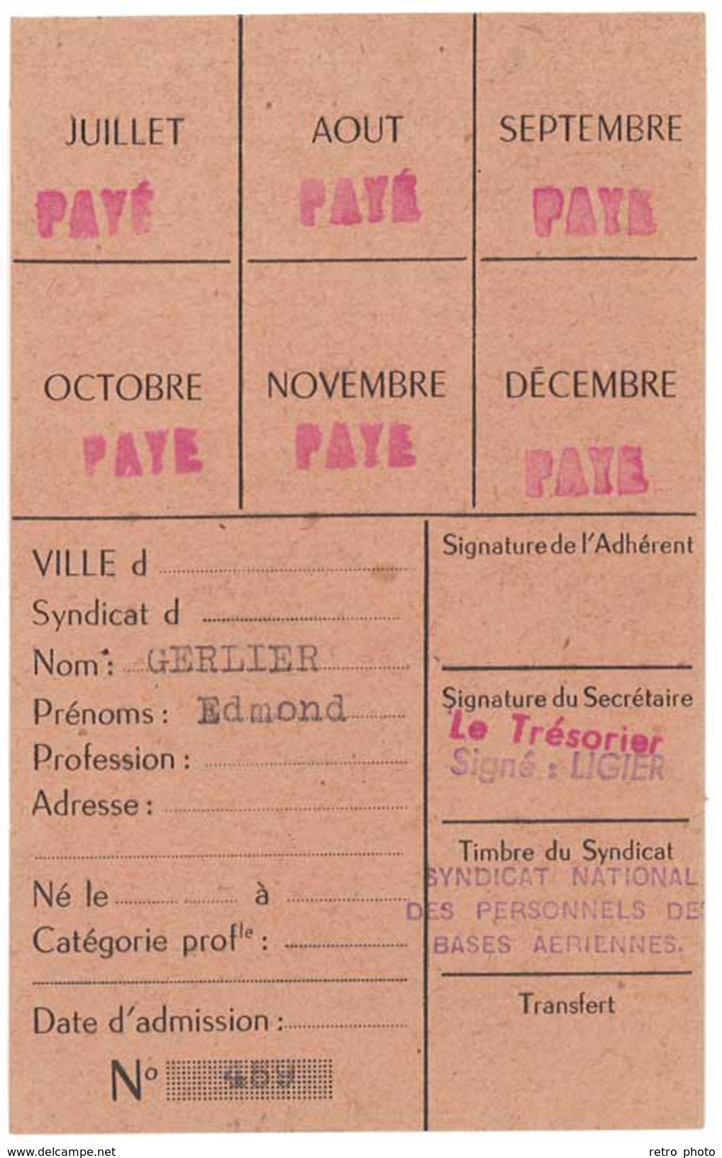 Carte Syndicat National Des Personnels Des Bases Aériennes, 1952 - Autres & Non Classés