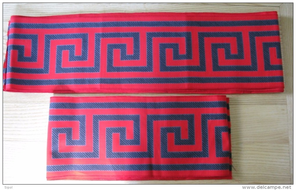 Bandes X 2  De Coton Imprimé Rouge Motif De Grecque Verte/noire  Sur Fond Rouge Vif TBE  Années 1960 - Autres & Non Classés