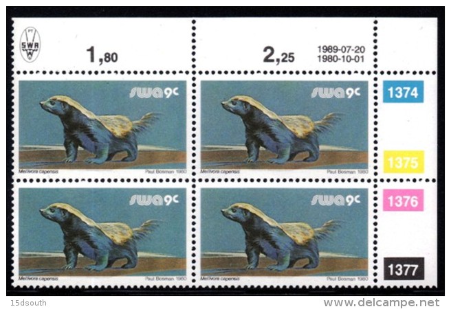 South West Africa - 1980 Definitive Wildlife 9c 1989.07.20 Reprint Control Block (**) - Afrique Du Sud-Ouest (1923-1990)