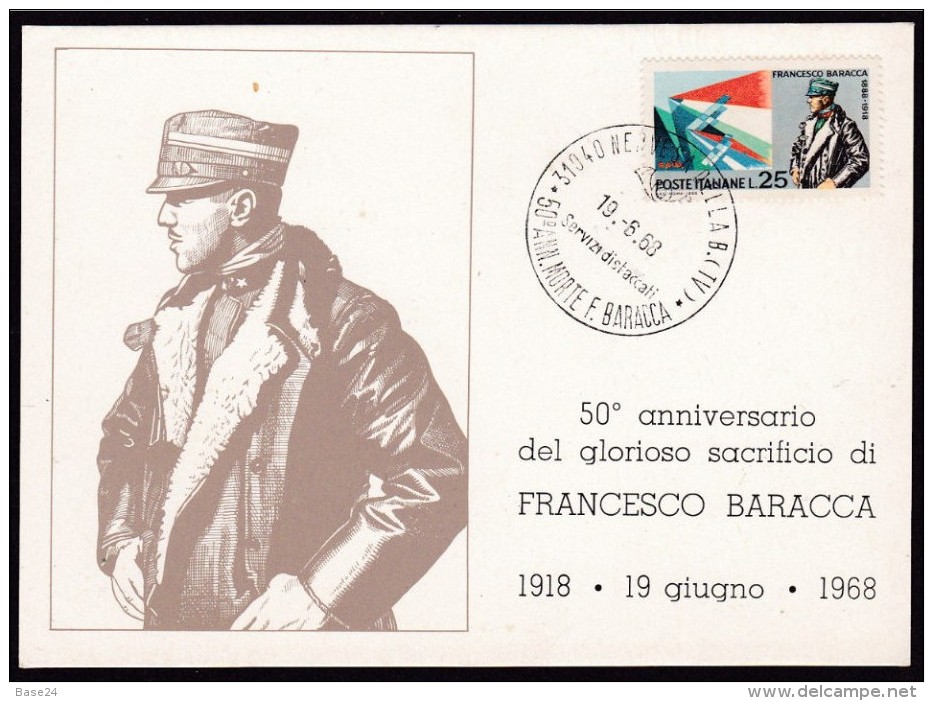 1968 Italia Treviso FRANCESCO BARACCA Cartolina Nervesa Della Battaglia N.956 ´50° Morte Eroe Leggendario´ Affranc.25L - Prima Guerra Mondiale