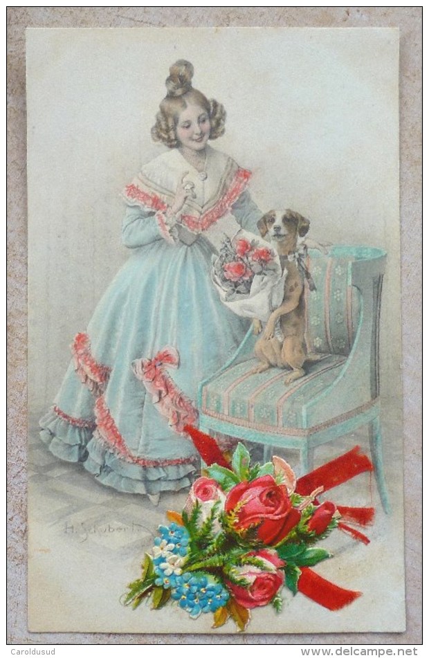 Cpa LITHO Couleur ILLUSTRATEUR M.M. VIENNE 342 SCHUBERT Femme ET CHIEN Teckel Bouquet Fleurs ASSIS Sur Fauteuil - Schubert