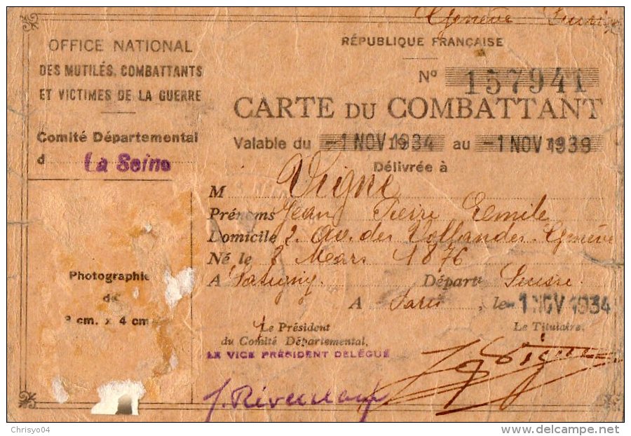 65Cu  Carte De Combattant Guerre 14/18 Pour La France Militaire De Nationalité Suisse - Autres & Non Classés