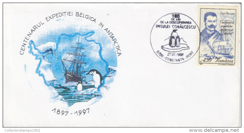 4238FM- BELGICA ANTARCTIC EXPEDITION CENTENARY, SHIP, PENGUINS, E. RACOVITA, SPECIAL COVER, 1997, ROMANIA - Spedizioni Antartiche
