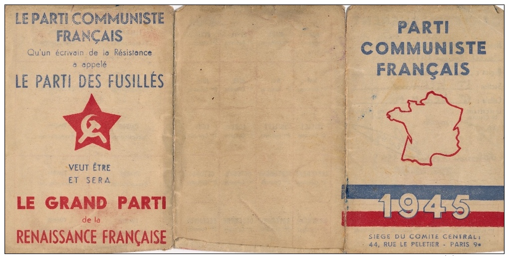 Carte D´adhérent N° 1.066,668 - Parti Communiste Français Année 1945 - Sin Clasificación