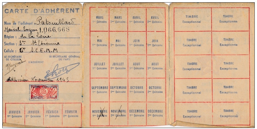 Carte D´adhérent N° 1.066,668 - Parti Communiste Français Année 1945 - Non Classés