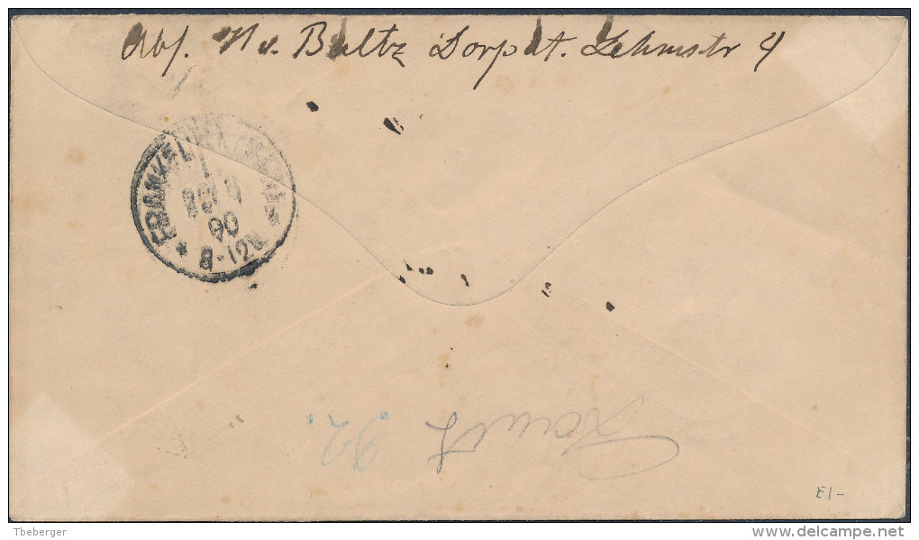 Russia Estonia 1890 Regd Stationery Envelope 7 Kop & Add Franking Laisgolm Lifland Jõgeva To Frankfurt (44_2648) - Briefe U. Dokumente