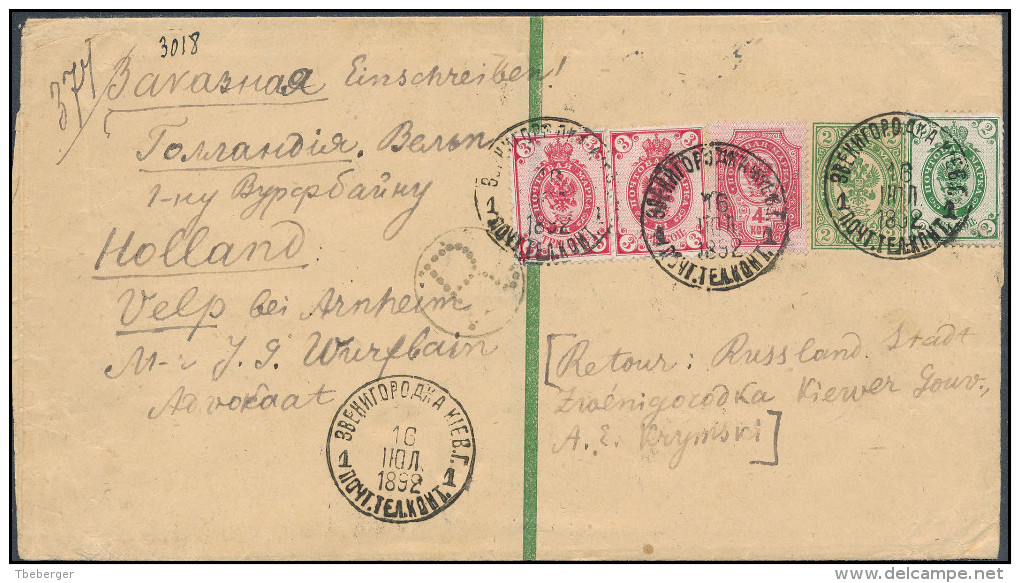 Russia Ukraine 1892 Regd Stationery Wrapper 2 Kop & Add Franking Zvenigorodka Kiev To Velp Netherlands (44_2649) - Briefe U. Dokumente