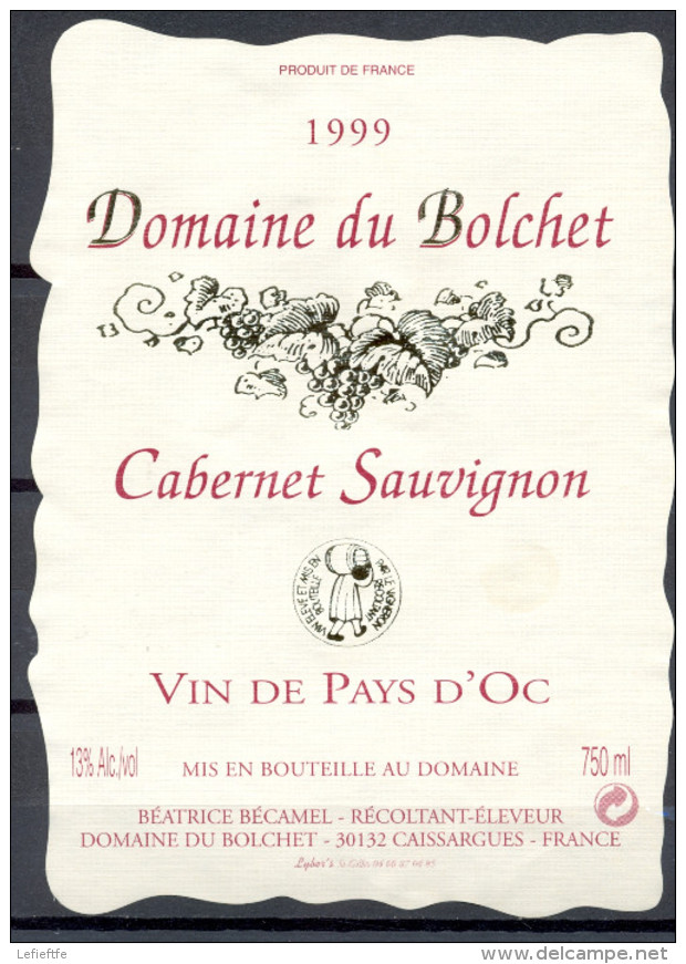 100 - Vin De Pays D'Oc -1999 - Cabernet Sauvignon - Domaine Du Bolchet - Béatrice Bécamel 30132 Caissargues - Languedoc-Roussillon