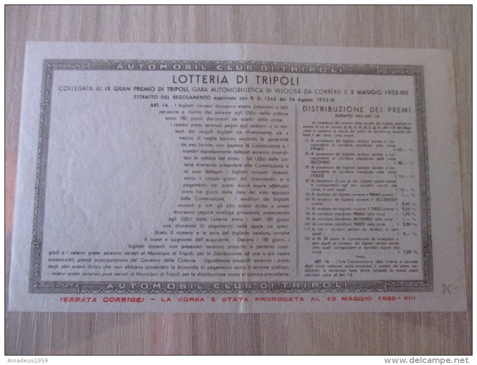 Lotteria Automobilistica Di Tripoli 1935 - Billets De Loterie