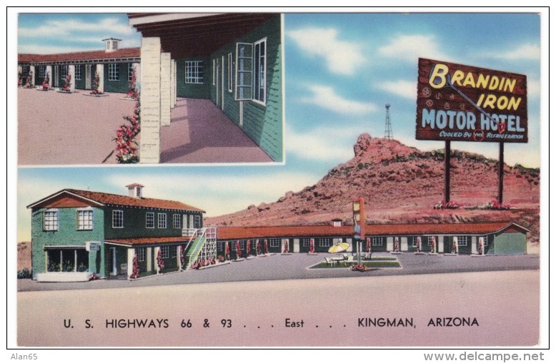 Rout 66, Brandin' Iron Motel Hotel, Motel, Kingman Arizona, Lodging, C1940s/50s Vintage Postcard - Route '66'