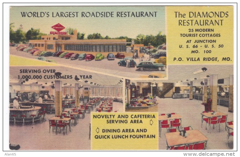 Rout 66, Villa Ridge Missouri, The Diamonds Restaurant Interior Views, C1940s/50s Vintage Linen Postcard - Route '66'