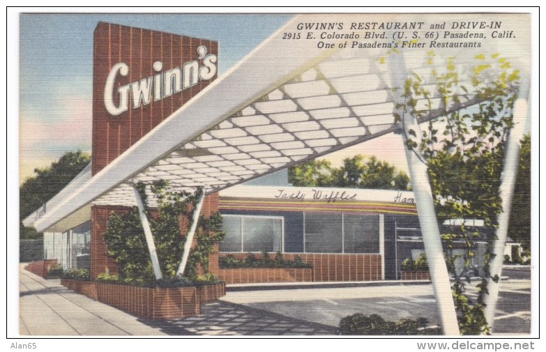 Rout 66, Pasedena California, Gwinn's Restaurant &amp; Drive-In, C1940s Vintage Linen Postcard - Ruta ''66' (Route)