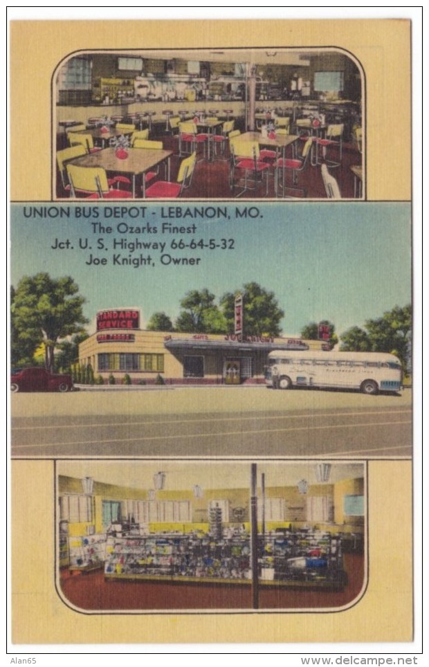 Rout 66, Lebanon Missouri, Union Bus Depot, Cafe And Store Interior View, C1940s Vintage Linen Postcard - Route '66'