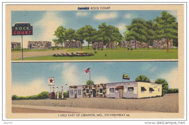 Route 66, Lebanon Missouri, Clark's Rock Court, Motel Lodging, Gas Station, C1940s Vintage Linen Postcard - Route '66'