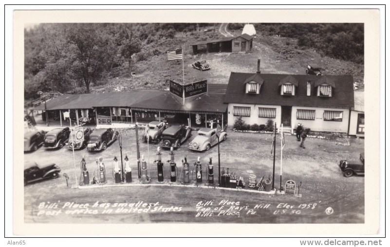 Ray's Hill Pennsylvania, Bill's Place Gas Station Dining, Post Office, C1930s Vintage Real Photo Postcard - American Roadside