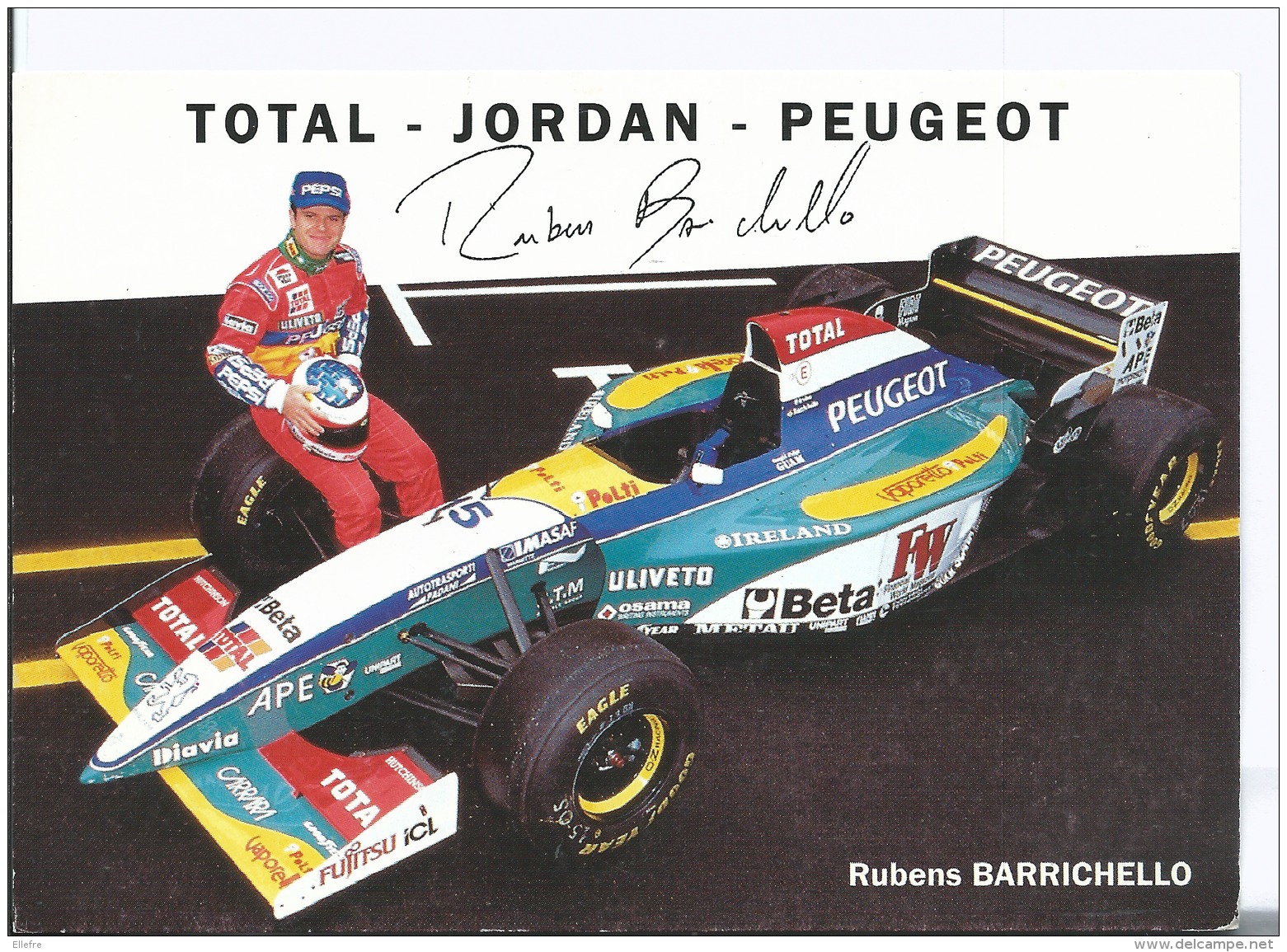 Total - Jordan - Peugeot - Rubens Barrichello - Cpm Ed LPF - 1995 + 3 CARTES TENNIS Sempras + Agassi + Kuerten - Grand Prix / F1