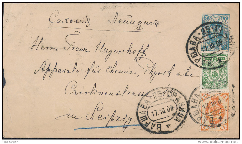 Russia Poland 1909 Stationery Envelope 7 Kop & Add Franking WARZSAWA-25-GRANITSA TPO To Leipzig (44_2679) - Briefe U. Dokumente