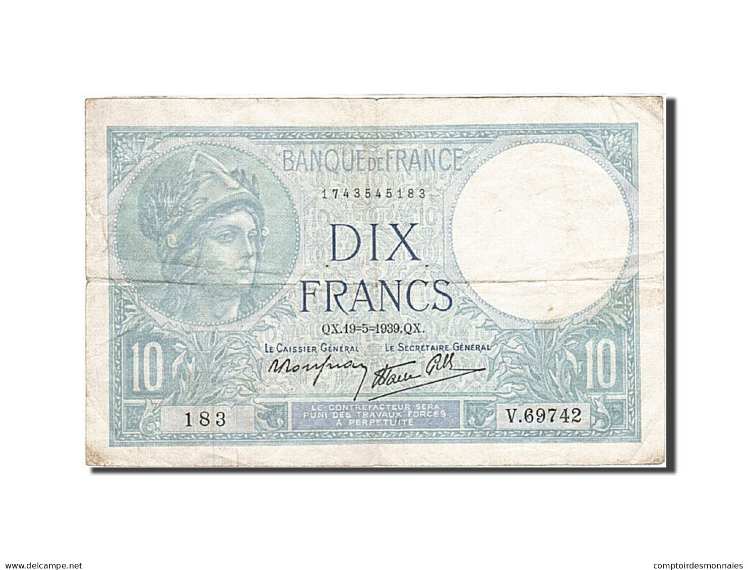 Billet, France, 10 Francs, 1915, 1939-05-19, TB, Fayette:7.3, KM:84 - 10 F 1916-1942 ''Minerve''