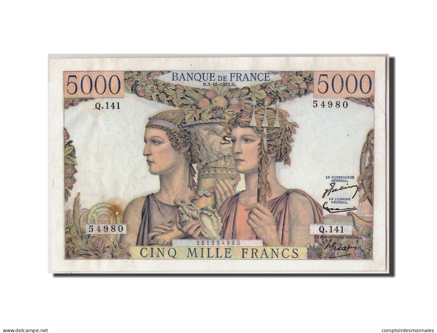 Billet, France, 5000 Francs, 5 000 F 1949-1957 ''Terre Et Mer'', 1953 - 5 000 F 1949-1957 ''Terre Et Mer''